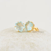 Aqua Quartz Studs 11x11mm Star Shape Gemstone Earrings, Aqua Quartz Gold Plated Silver Prong Set Studs Jewelry, Engagement Gift For Her